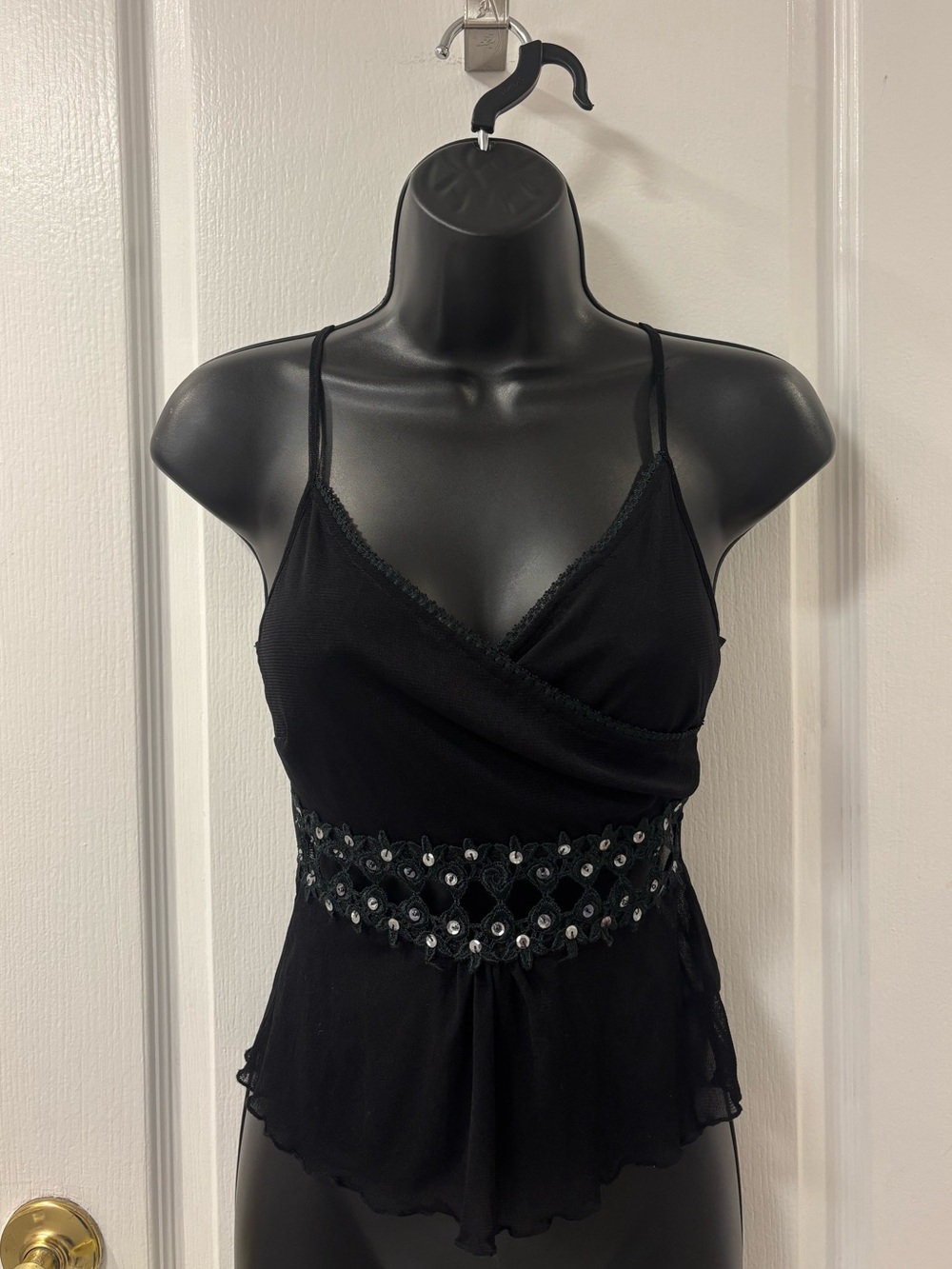 Y2K Mesh Faux Wrap Scalloped Cutout Sequin Embroidered Black Tank Top Goth Fairy